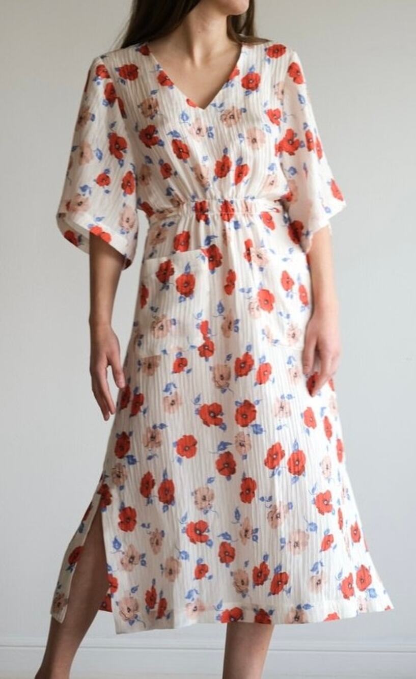 No. 6 Store Grace Midi Dress Crinkles Silk Blend Floral Belted Kimono Sleeve